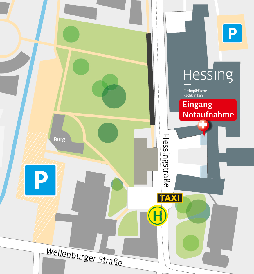 Übersichtskarte des Hessing Campus mit Eingang zur Notaufnahme